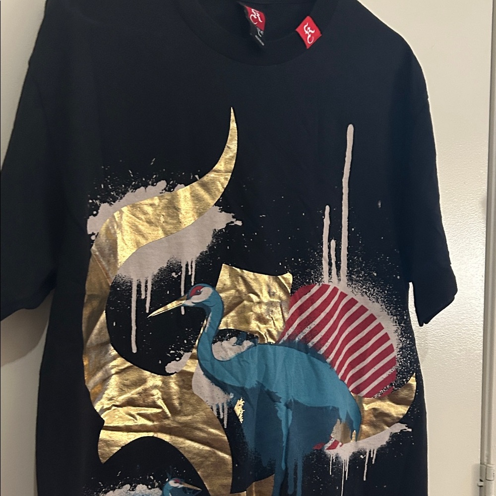 Black Graphic Tee with Gold and Blue Design